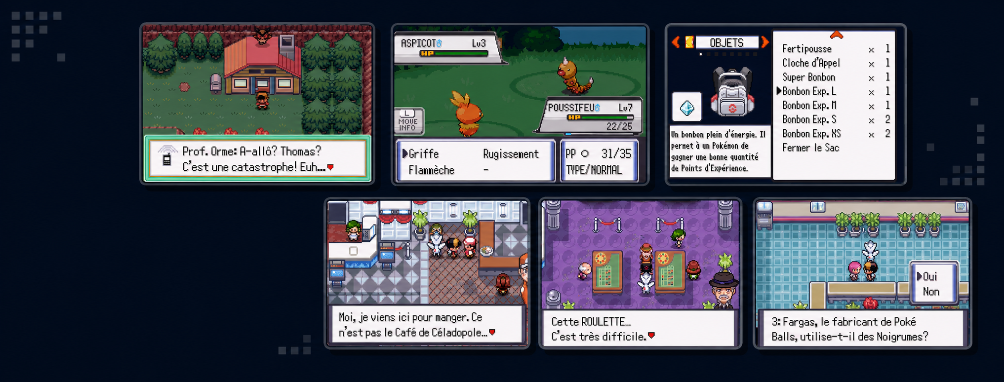 Montage de six captures de Pokémon SoulGold traduites en français montrant exploration, combat, inventaire et dialogues